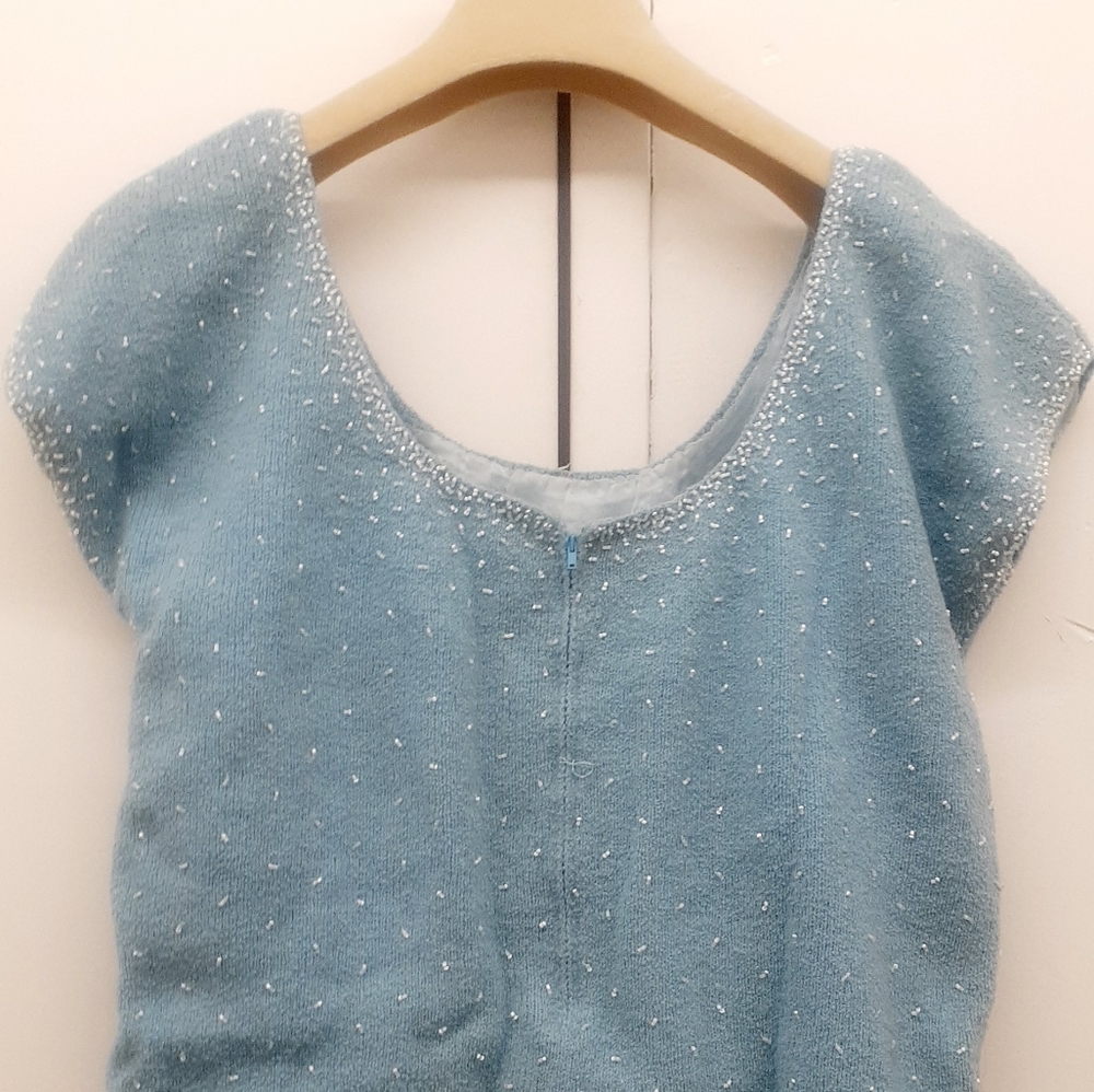 Vintage 1950's/60's BLUE WOOL KNIT Pearl Beaded Sweater Blouse Top - Picture 4 of 10